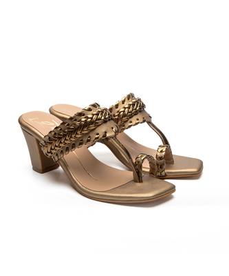 Antique gold faux leather finish block heel 3