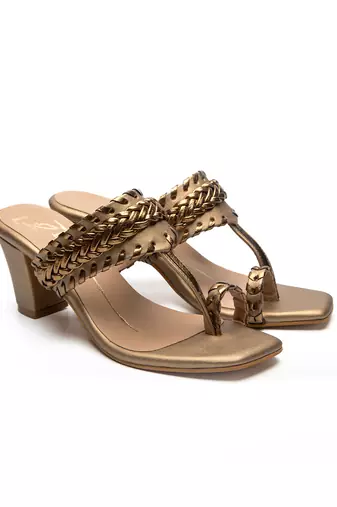 Antique gold faux leather finish block heel