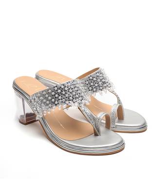 Silver faux leather finish block heel 1