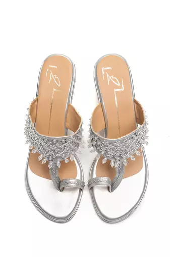Silver faux leather finish block heel
