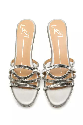 Silver faux leather finish block heel