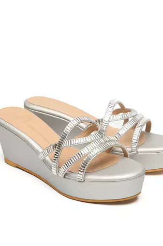Silver faux leather finish block heel