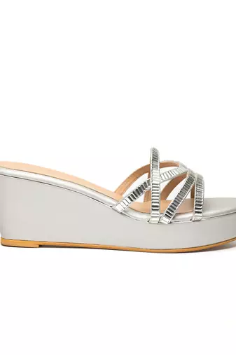 Silver faux leather finish block heel