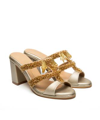 Gold leather finish block Embroidered Strapy Detailed Upper heels 1