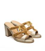 Gold leather finish block Embroidered Strapy Detailed Upper heels