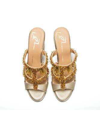 Gold leather finish block Embroidered Strapy Detailed Upper heels 2