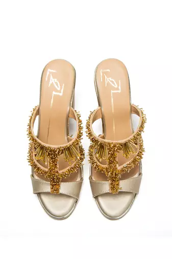 Gold leather finish block Embroidered Strapy Detailed Upper heels