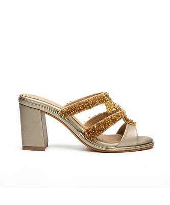 Gold leather finish block Embroidered Strapy Detailed Upper heels 3