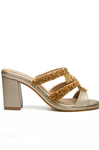 Gold leather finish block Embroidered Strapy Detailed Upper heels