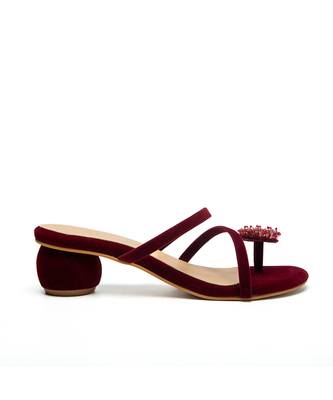 Maroon velvet finish block heels 1