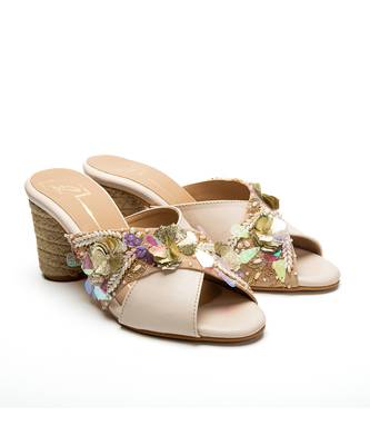 Beige leather finish block heels 1
