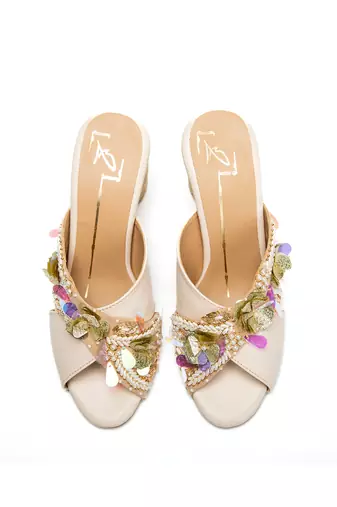 Beige leather finish block heels
