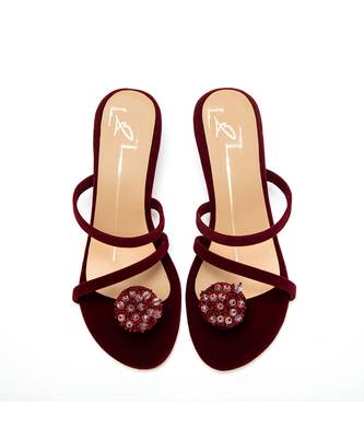 Maroon velvet finish block heels 2