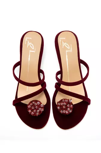 Maroon velvet finish block heels