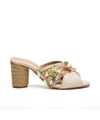 Beige leather finish block heels 3
