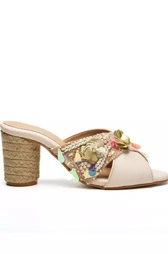 Beige leather finish block heels