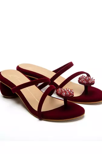 Maroon velvet finish block heels