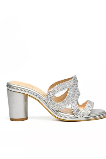 Silver leather block heels