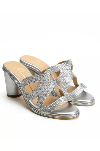 Silver leather block heels