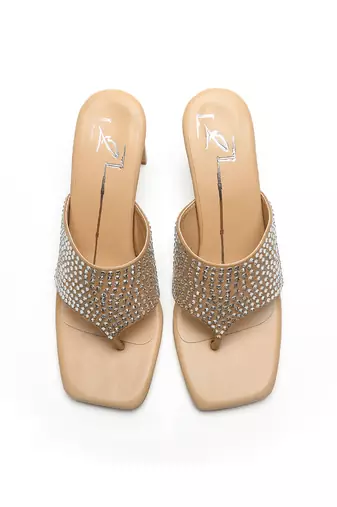 Beige leather block heels