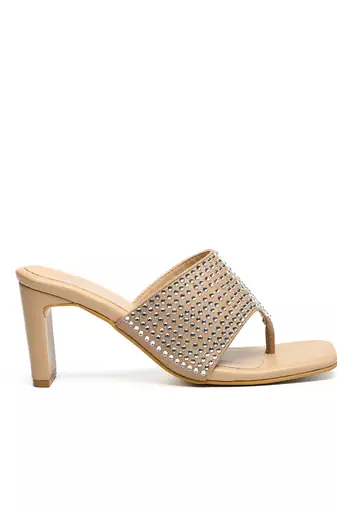 Beige leather block heels
