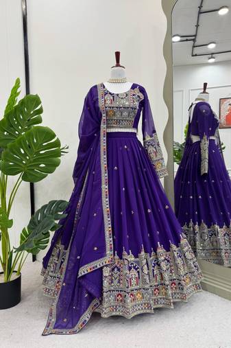 Purple Semi Stitched Thread Embroidery Lehenga Choli