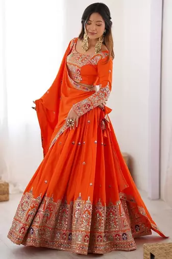 orange Designer crepe silk lehenga choli for women