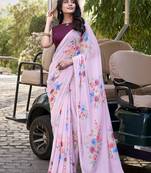 light pink Marbal printed Saree with Pearl Lace Border