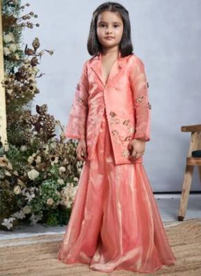 Peach sequin work sharara jacket set 1
