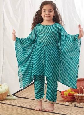 Turquoise leheriya kaftan set for kids 1