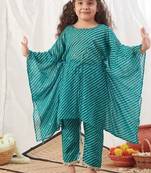 Turquoise leheriya kaftan set for kids