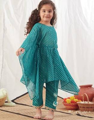 Turquoise leheriya kaftan set for kids 2
