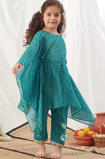 Turquoise leheriya kaftan set for kids