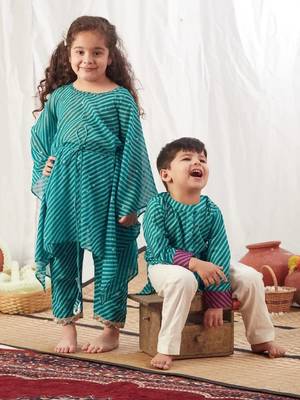 Turquoise leheriya kaftan set for kids 3