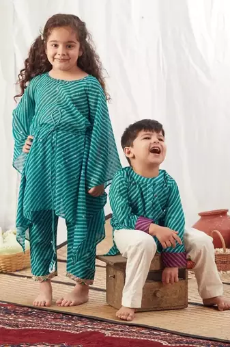 Turquoise leheriya kaftan set for kids