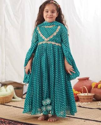 Turquoise leheriya anarkali dress for kids 1