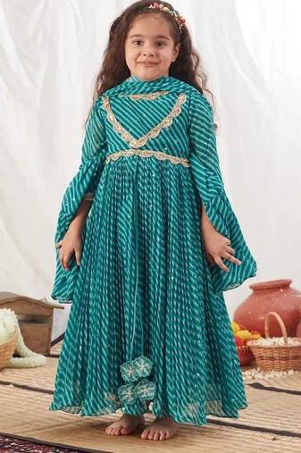 Turquoise leheriya anarkali dress for kids