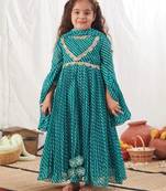 Turquoise leheriya anarkali dress for kids
