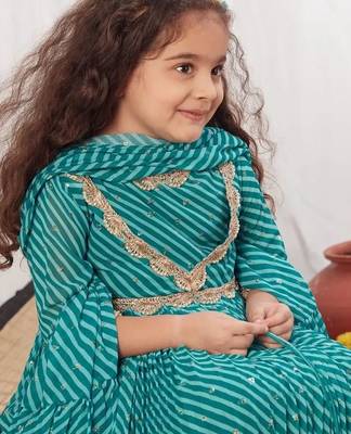 Turquoise leheriya anarkali dress for kids 2