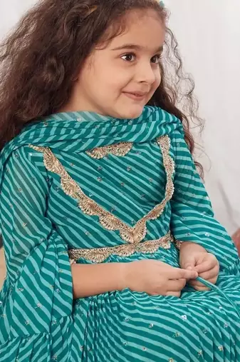 Turquoise leheriya anarkali dress for kids