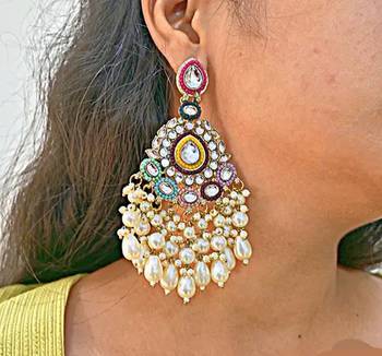 Handcrafted multicolor kundan pearl chandbali earrings | traditional ethnic gold-plated indian jewelry 2
