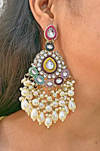 Handcrafted multicolor kundan pearl chandbali earrings | traditional ethnic gold-plated indian jewelry