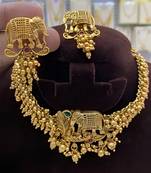 Traditional gold-plated elephant choker & earrings set - handcrafted pearl temple jewelry
