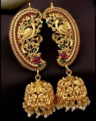Antique gold peacock temple jhumka earrings ruby & emerald traditional earrings  handcrafted south indian bridal jewelry 1