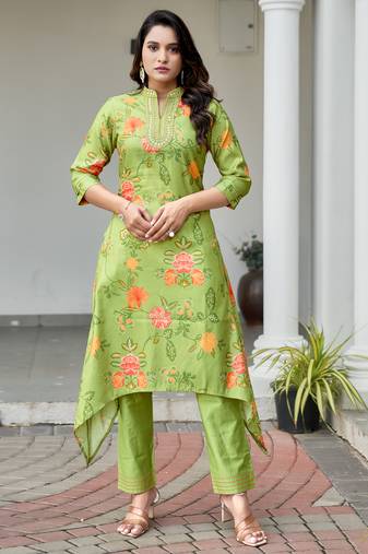 Green shimmer silk floral printed embroidered asymmetric kurta with pant