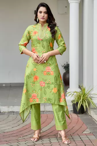 Green shimmer silk floral printed embroidered asymmetric kurta with pant