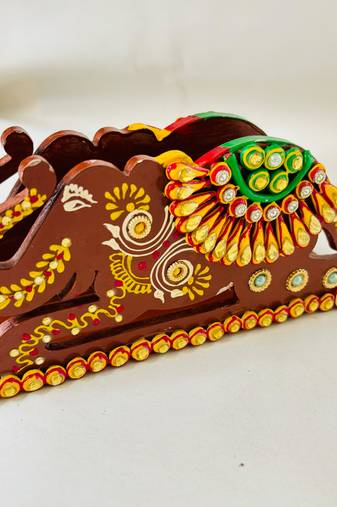 Handcrafted MDF Wooden Elephant Tissue Paper Holder Both Side Work  with Paper Mashee & Stone Work