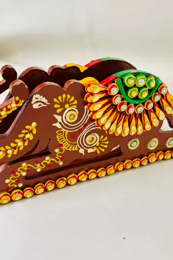 Handcrafted MDF Wooden Elephant Tissue Paper Holder Both Side Work  with Paper Mashee & Stone Work