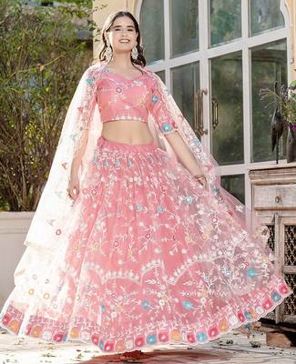 PINK SOFT NET LEHENGA CHOLI WITH DUPATTA 5