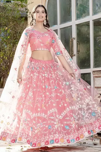 PINK SOFT NET LEHENGA CHOLI WITH DUPATTA